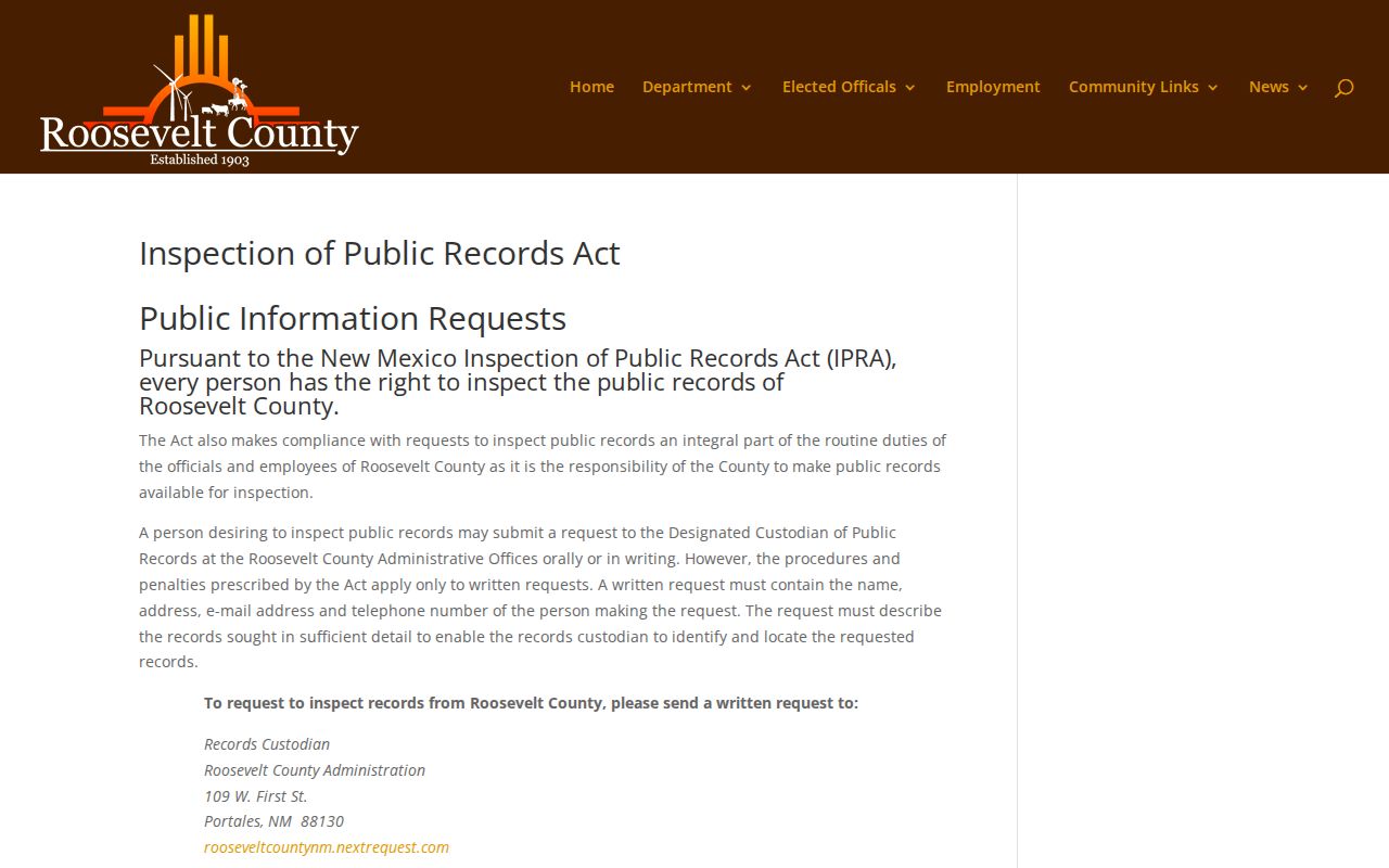 Roosevelt County arrest record IPRA request instructions
