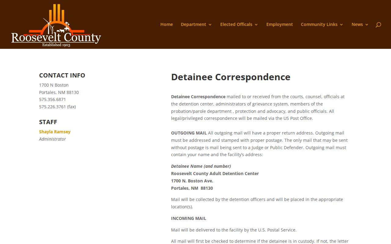 Roosevelt County arrest booking detainee correspondence rules